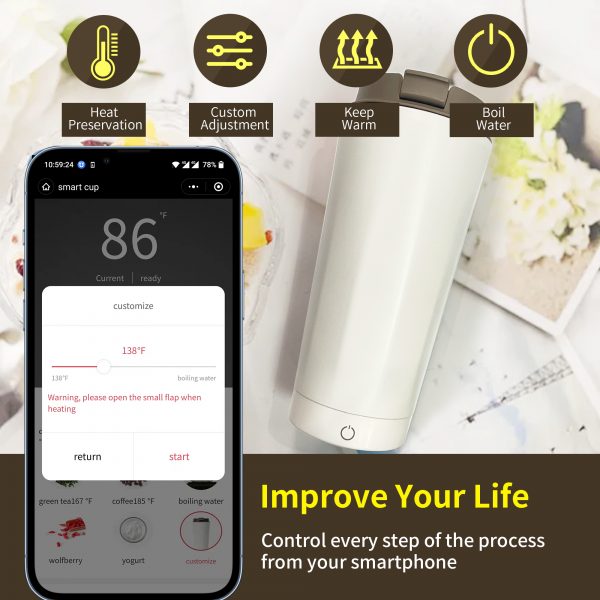 DULO App Bottles Temperature Control Kettle Smart Electric Coffee Mug Warmer, Heater Travel Cup, Self Heated Coffee Cup, Smart Coffee Mug - Image 2